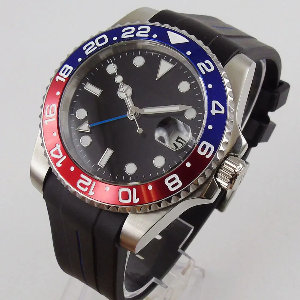

PARNIS Self Winding Movement Men Wristwatch GMT Date Indicator Sterile Dial Alloy Insert Curved Rubber Band