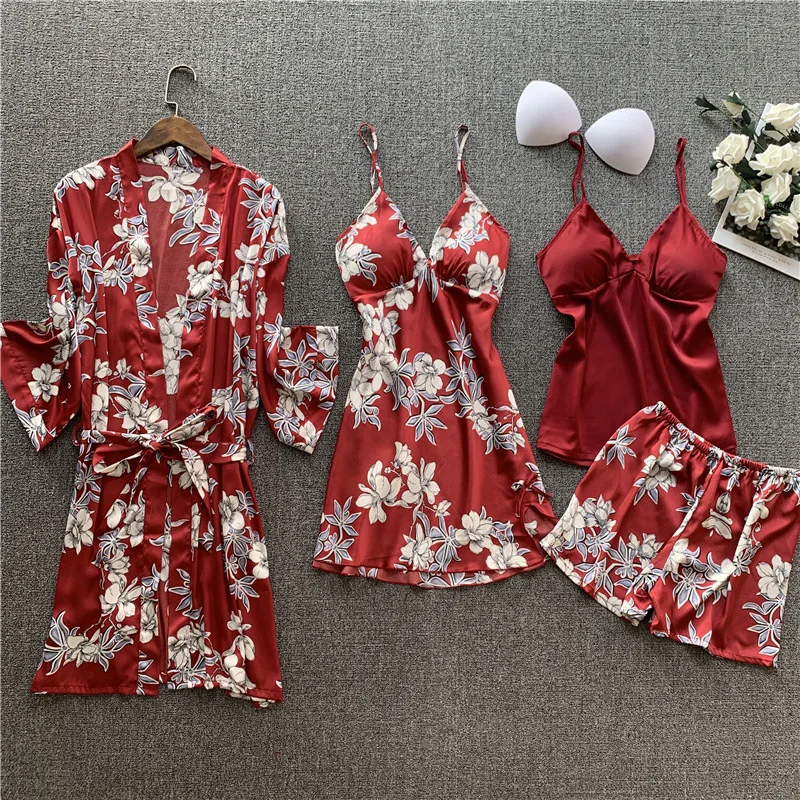 

SIMISI Women's Nightgown Suit 4 Pcs Rayon Floral Printing Robe Sets Full Bathrobe Above Knee, Mini with Chest Pad Home Clothes