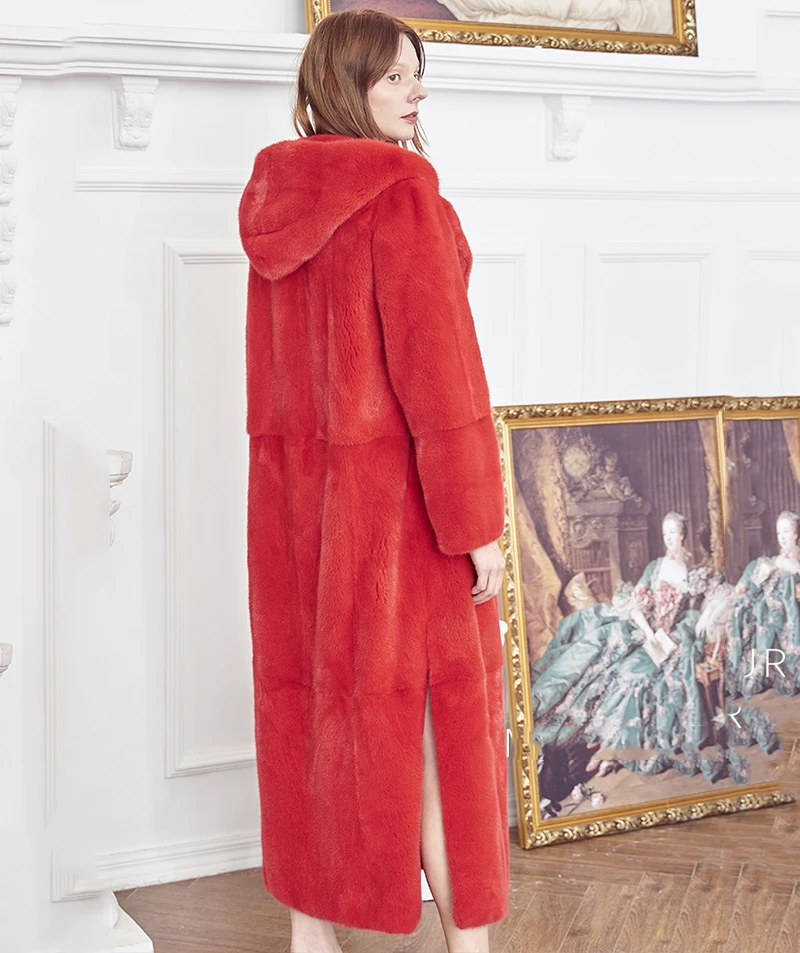 Ftangaiur2019 Winter Import Velvet Mink Fur Coat With Fur Hood Pure Red Color Mink Coats Women's Medium Loss Real Mink Fur Coats