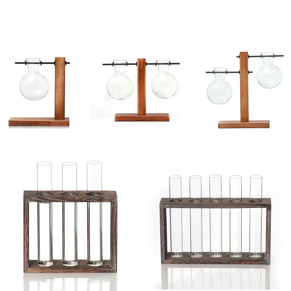 

Glass Test Tube Hydroponic Vase Elegant Table Vase For Water Setting Flowers Wooden Frame Home Decoration