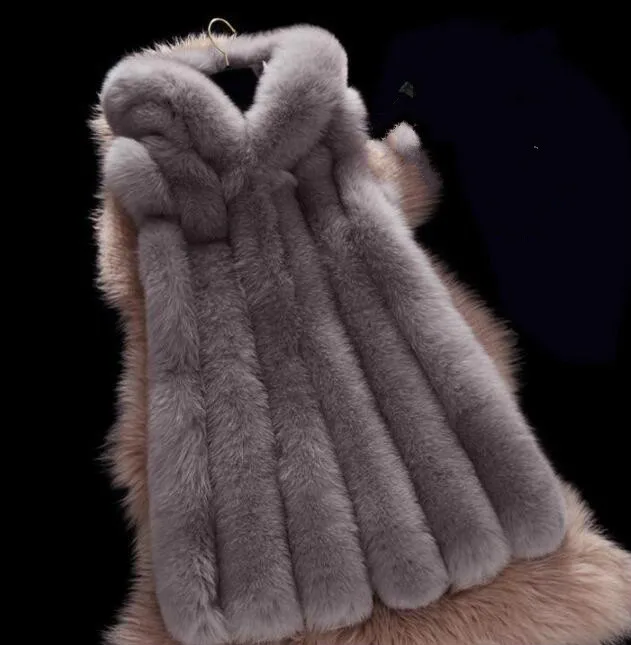 

2019 Spring new women hooded fur coat silver fox imitation fur vest plus size ladies fox fur coat