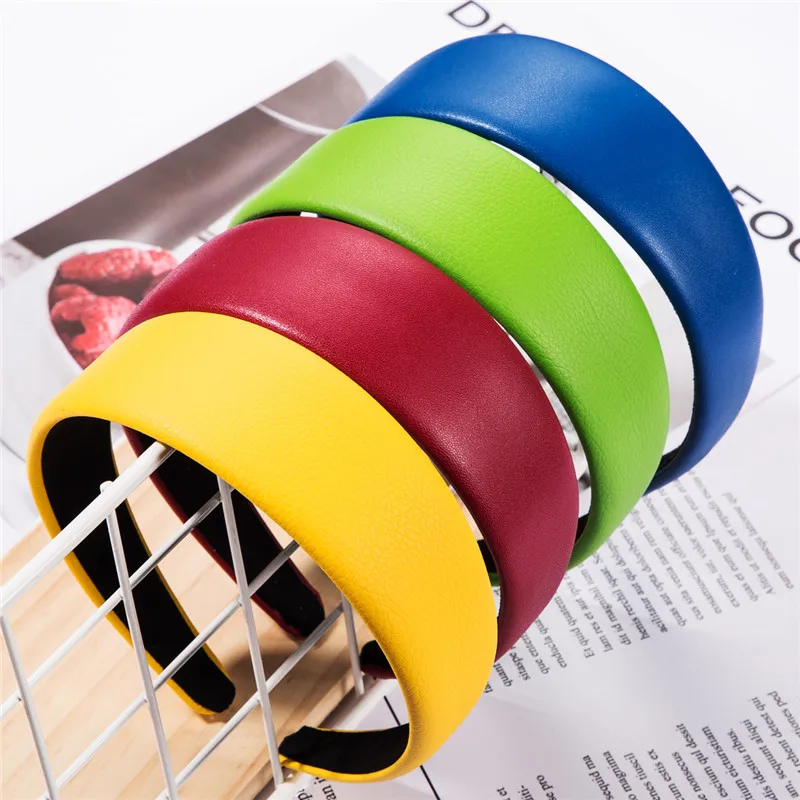 

2020 New Headbands for Women Simple Solid Color Wide Side Artificial Leather Fashion College Style Headband Hair Accessories