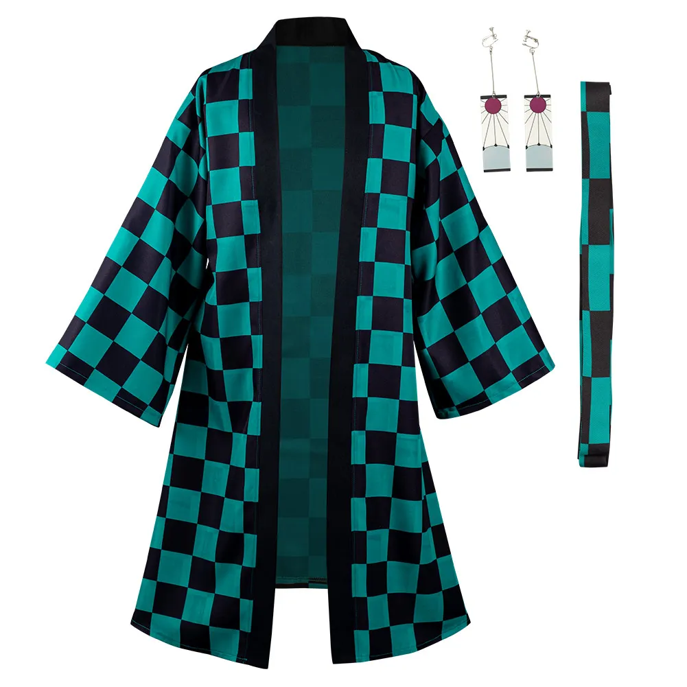 

Demon Slayer Kamado Tanjirou Cosplay Costumes Halloween Carnival Suit with Earrings Belt