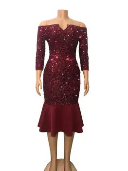 

Wine red one piece dress for woman sexy V neck off shoulder A071 seuqined bling party club knee length pleated ruffle dress
