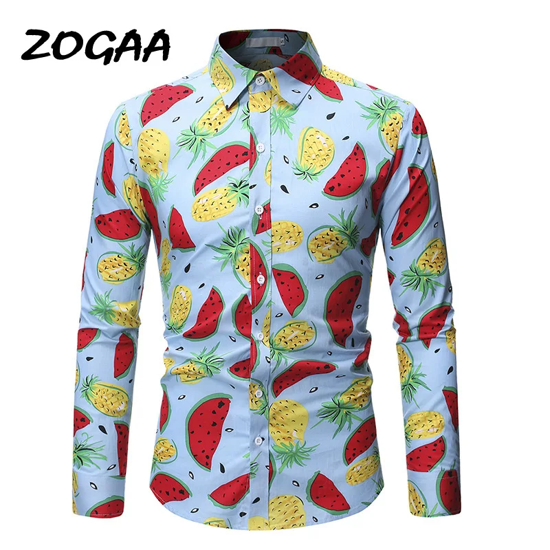 

ZOGAA 2020 New Men's Hawaii Beach Shirt Cute Fruit Print Shirt Top Casual Long Sleeve Summer