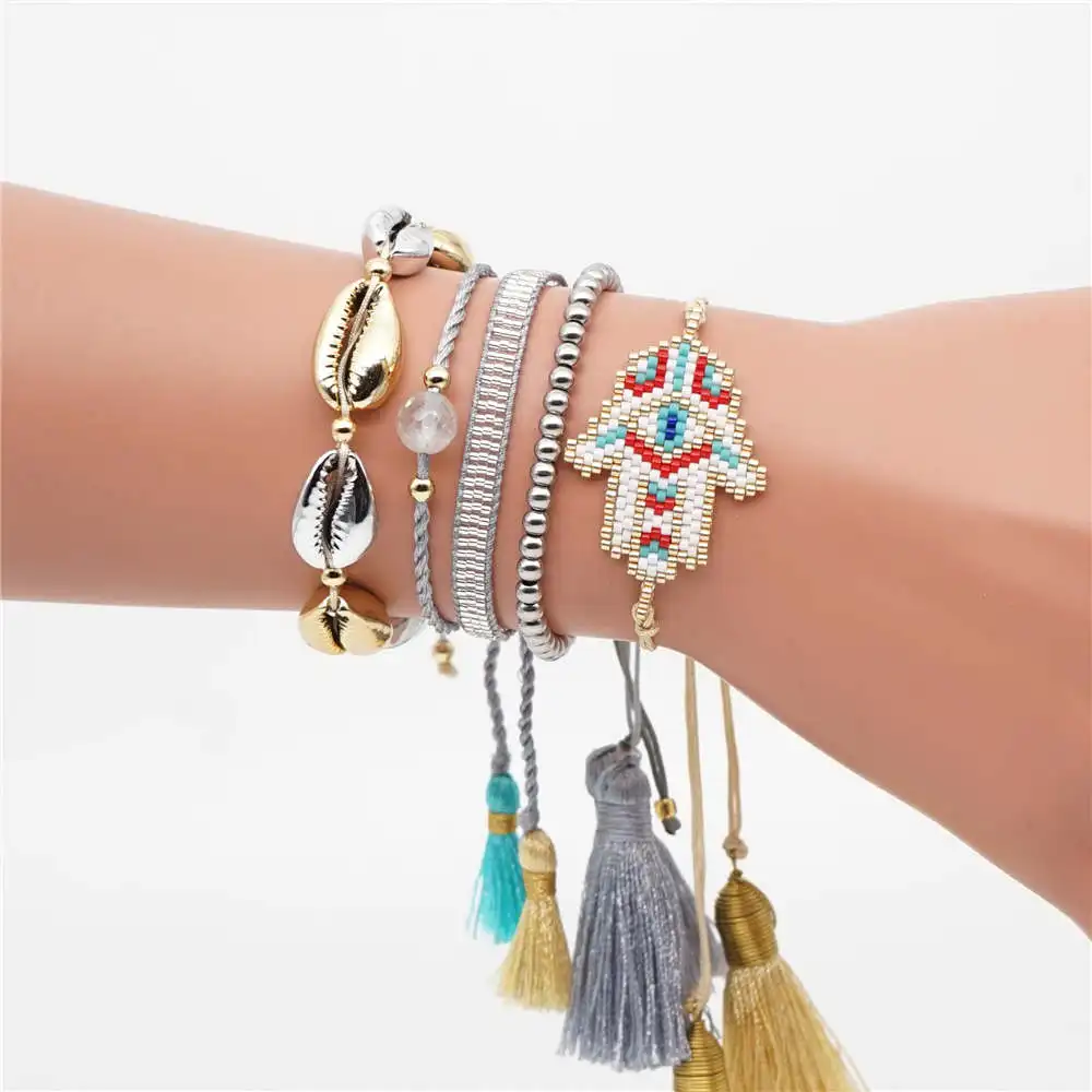 Go2boho MIYUKI браслеты из ракушек с клипсами Дурной глаз Pulsera Mujer Boho кисточкой ювелирные изделия Фатима браслет на руку “Хамса” Для женщин летние женские туфли-лодочки; сделанные вручную - Окраска металла: MI-S190166 bracelet