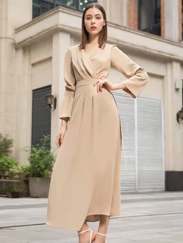 

2020 Office Lady Long Dress Young Girls Slim Waist V Neck Flare Sleeve Mid-Calf Gorgeous Dress FL1078