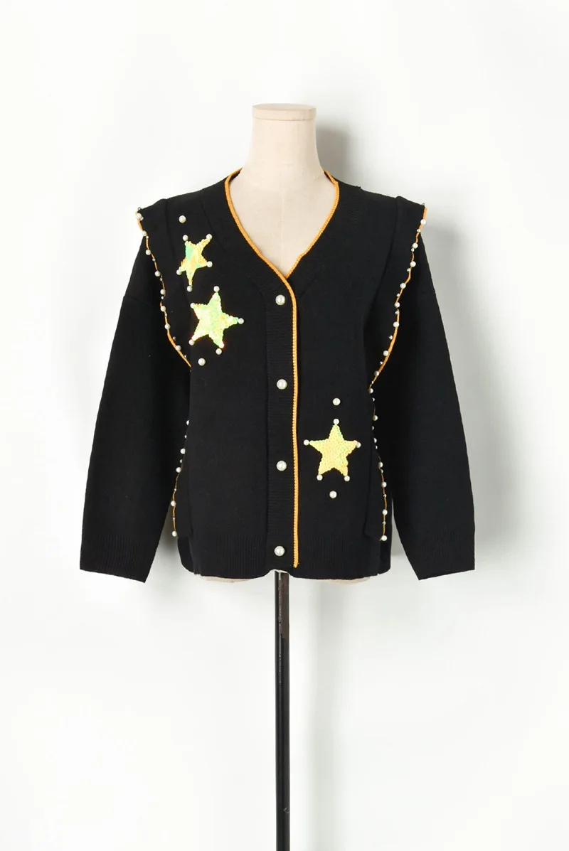 Высококачественные осенние свитера года, роскошные кардиганы с v-образным вырезом, украшенные бисером и пайетками, с рисунком звезды, с оборками, лоскутные вязаные Джемперы, одежда