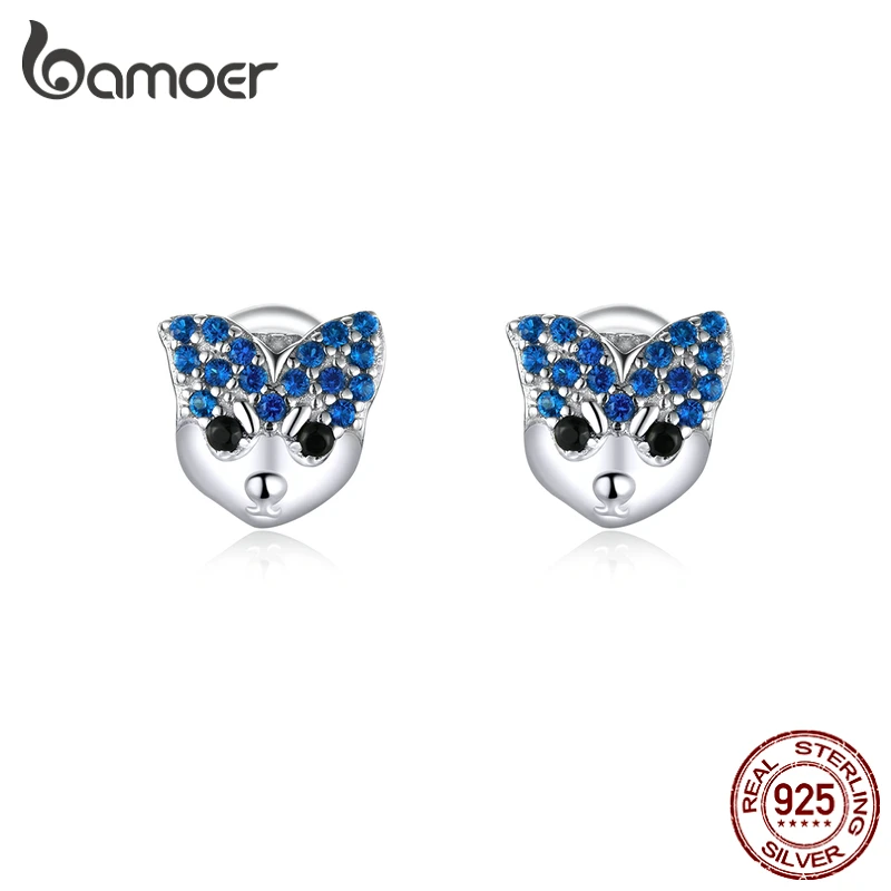 Женские серьги пусеты bamoer Husky 925 пробы серебристые синие с фианитами в виде