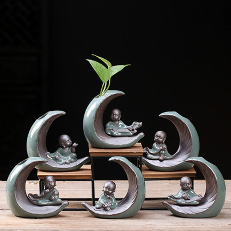 Little Monk Ceramic Chinese Kung Fu Geyao Tea Pet, Creative Moon Shape Ornaments, Hydroponics Flower Pot Vases, Desktop Decor