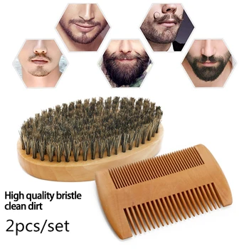 

2pcs/set Men's Wood Beard Kit Natural Bristle Beard Brush Set Double-sided Styling Comb Modeling Cleaning Care Kit for Men G1020