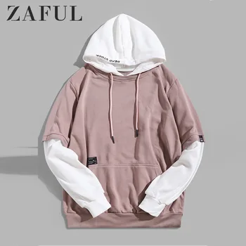 

ZAFUL Contrast Faux Twinset Letter Embroidery Drawstring Hoodie Fake 2 In 1 Front Pocket Hooded Sweatshirts Patchwork Pullovers