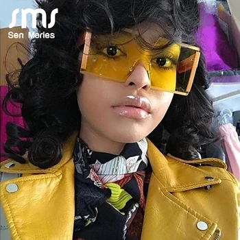 

Fashion Square Sunglasses Women Metal Oversized Rimless One-piece Glasses Yellow Trend Men And Women eyeglasses oculos de sol