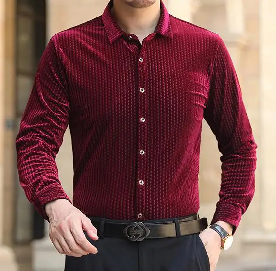 Claret camisas de vestir de terciopelo Burdeos para hombre, ropa elegante de talla grande, informal de negocios, Top cálido de calidad|Camisas informales| - AliExpress