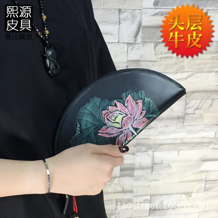 

Ethnic-Style Leather Wallet Clutch Bag Jade Pendant Embossed WOMEN'S Handbag Long Full-grain Leather