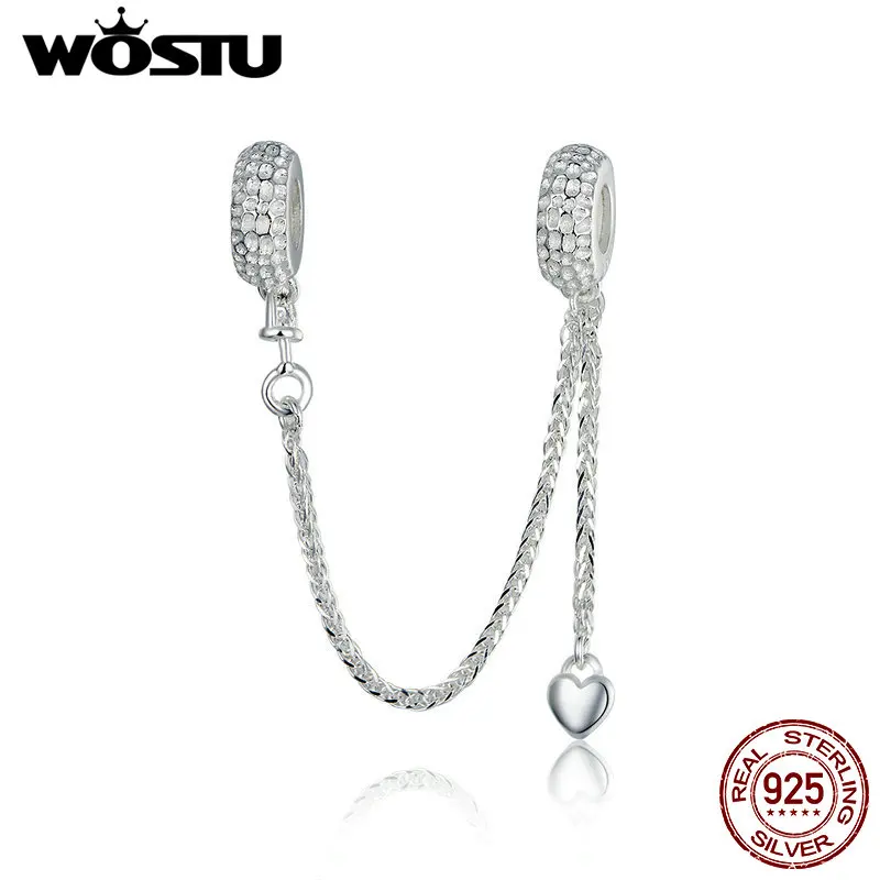 WOSTU, настоящее 925 пробы, Серебряное сердце, шарм, безопасная цепочка, бисер, подходит для оригинального браслета, ожерелья, подвеска для изготовления ювелирных изделий CQC1112