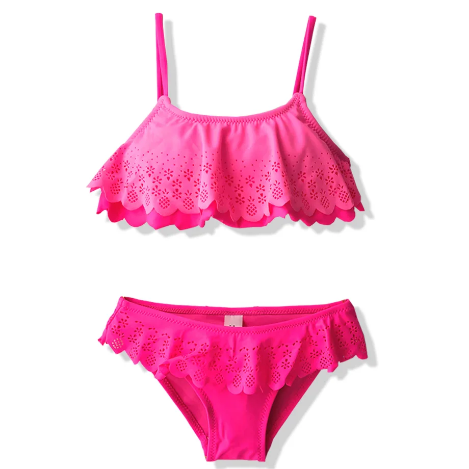 Rose Pink Купальный костюм с оборками для девочек, Детский комплект бикини для девочек, Falbala, детский купальник из двух предметов, пляжный танкини, купальный костюм для девочек - Цвет: Rose Pink