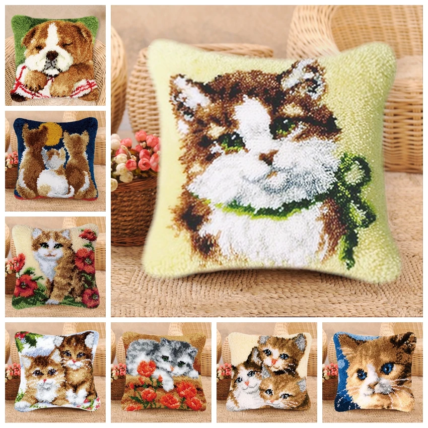 Cat And Dog Knooppakket Smyrna Klink Haak Kleed Bloemen Pillow Gift Latch Hook Cross Stitch Pillows Embroidery Packages | Дом и сад