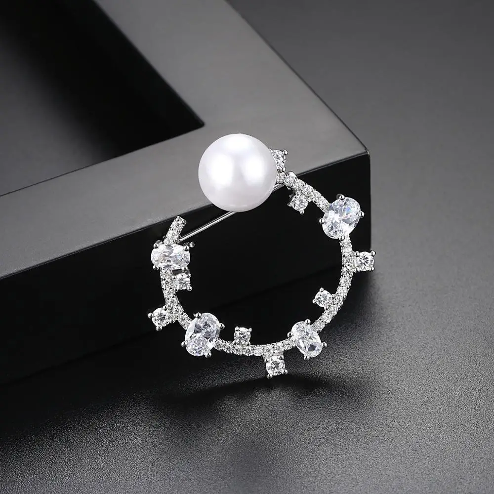 Женская Брошь с жемчугом и фианитом белого цвета|pearl brooch|brooch fashionfashion brooch |