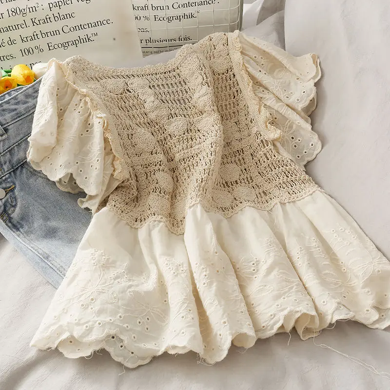 Sweet crocheted V-neck hollow lace shirt women 2023 summer new