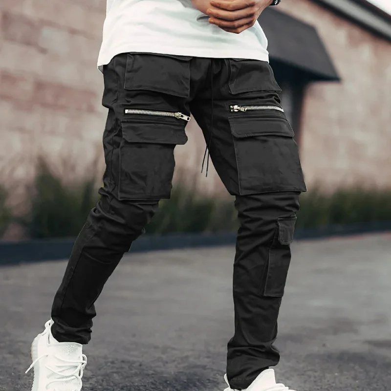 High Street Cargo Pants Men Zipper Big Pocket Mens Casual Slim Fit Workout Trousers Solid  Harajuku Sweatpants Sportswear 2021 cargo pants for men