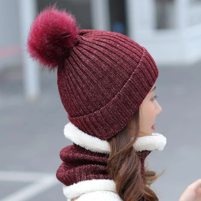 Knitted Winter Hat Scarf Set for Women Pom Pom Beanies set of hat and scarf for women Thick Warm Soft winter accessories