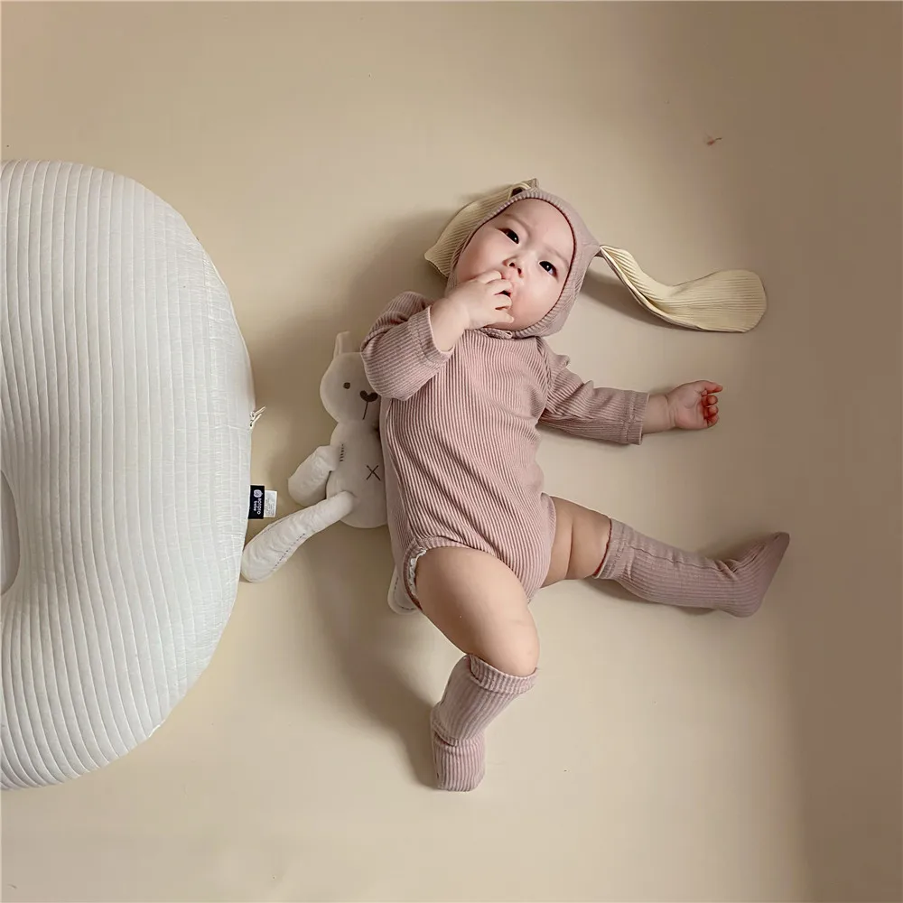 4PCS Summer Infant Newborn Baby Boys Girls Bodysuits Cute Bunny Ear Bodysuits Hat and Cocks Baby Clothes Jumpsuit Outfits 5