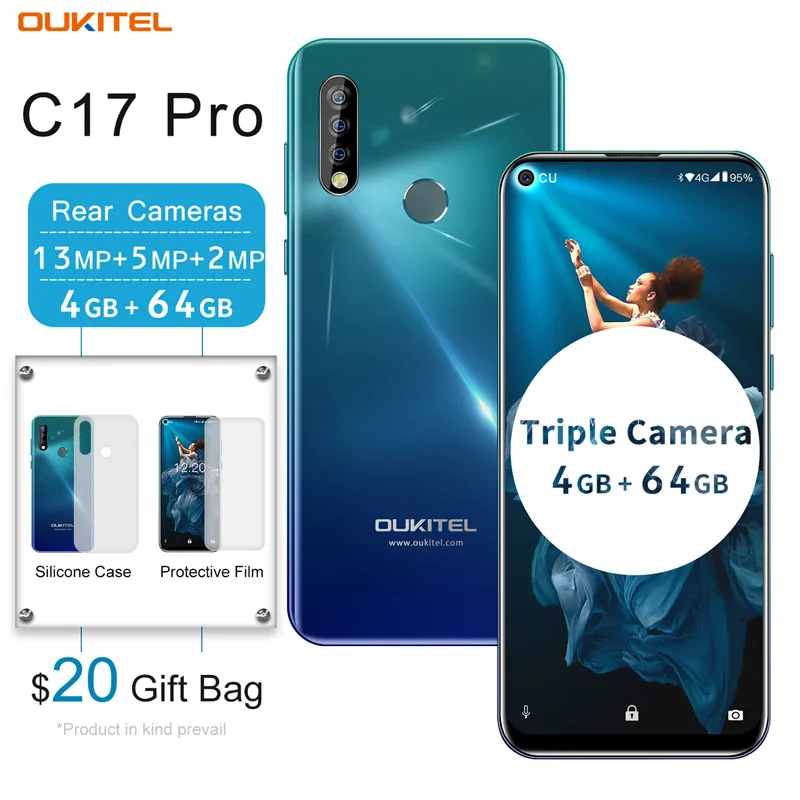 Oukitel C17 Pro Android 9,0 MT6763 4 Гб 64 Гб мобильный телефон 6,35 ''19,5: 9 Face ID 3900 мАч 13 МП Тройная камера 4G смартфон