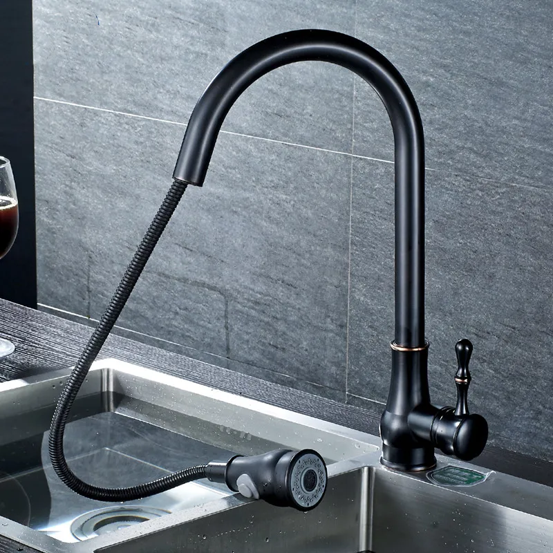 LIUYUE Kitchen Faucets Chrome Brass Classic Kitchen Faucet Pull Out Button Flush Two Exit Modes Cold Hot Water Sink Mixer Tap