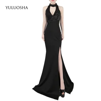 

YULUOSHA Evening Dresses Long New Halter Sequined A-Line Sleeveless Floor-Length Satin Beading Special Occasion Dresses
