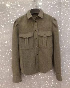 

Women Shirt Shirt Jacket 2020 New Army Green Cardigan Single-breasted Bubble Long Sleeve