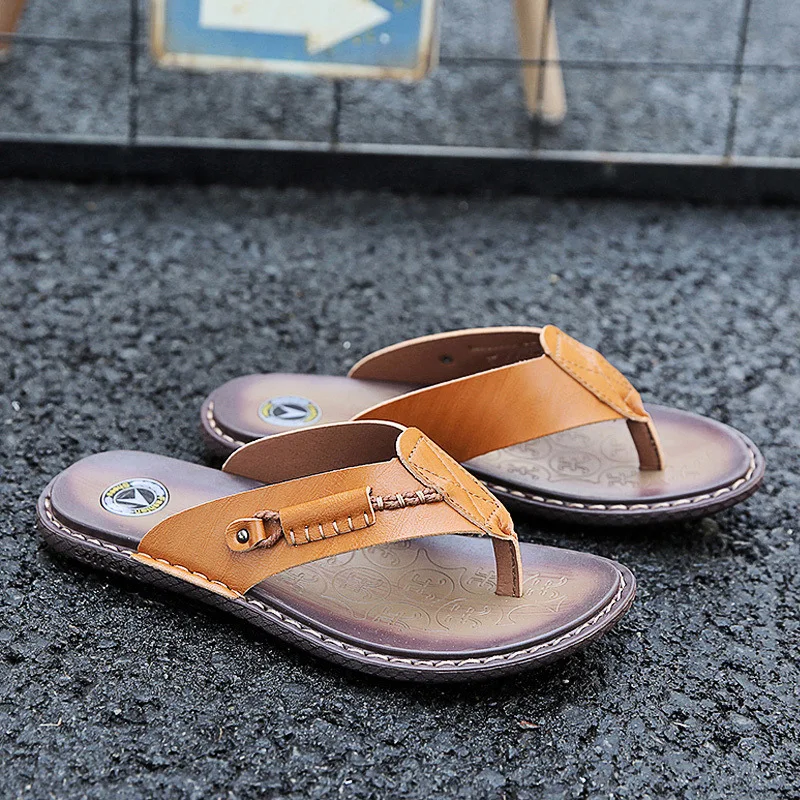

Slipper Men's Schaller Large Size 45-Style 46 Outer Wear Beach Shoe Extra-large No. 47 Genuine Leather Korean-style Trend Flip-f
