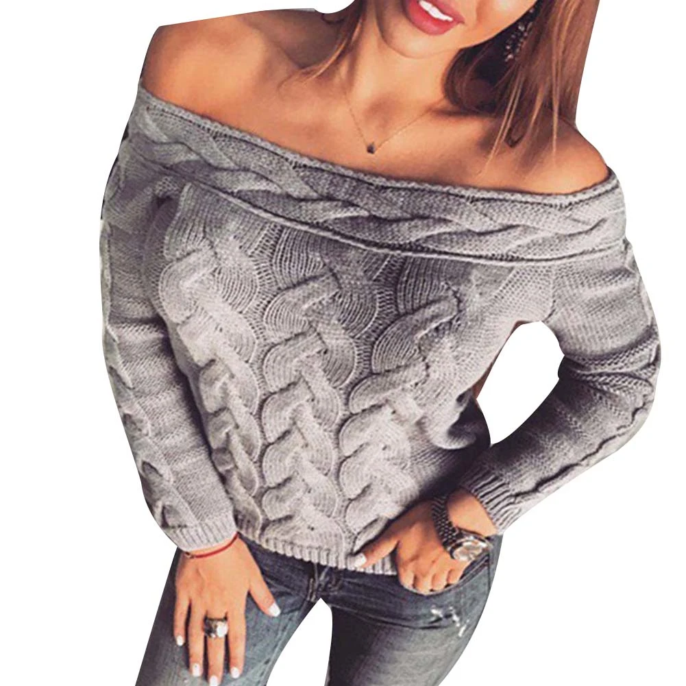 Женский осенне-зимний сексуальный однотонный вязаный свитер с открытыми плечами и длинным рукавом, джемпер, Женский пуловер, свитера