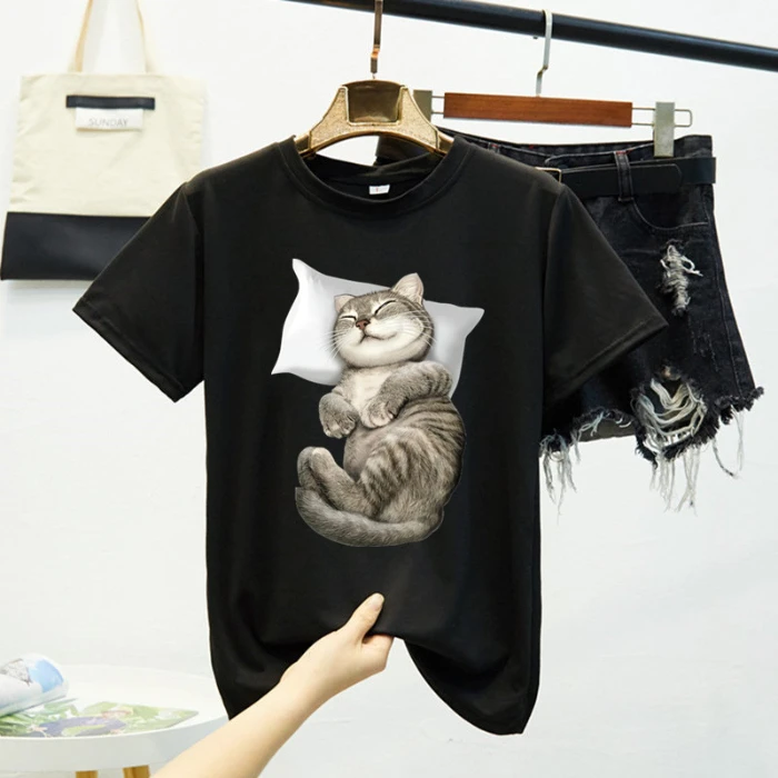 

Funny Cat Black Tshirt Women 8 Colors Oversized Funny T Shirt Short Sleeve Cute Kawaii Tops Tees Femme Camisetas Verano Mujer