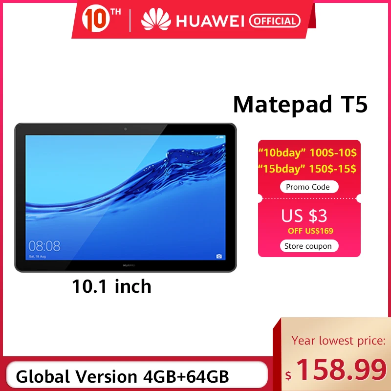 

Global Version HUAWEI MediaPad T5 3GB 32GB/64GB Tablet PC 10.1 inch Octa Core Dual Speaker 5100 mAh Android 8.0