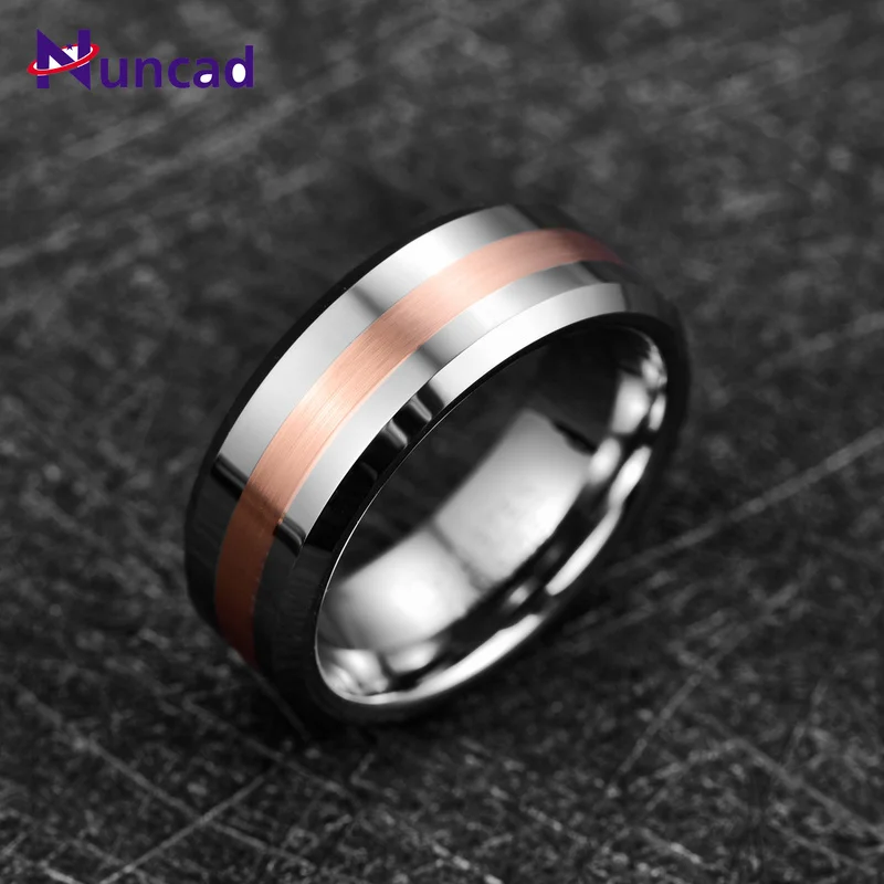 Nuncad 8mm Width Men's Ring Wedding Band Engagement Ring Middle Brushed Electric Rose Gold Polished Tungsten Carbide Ring