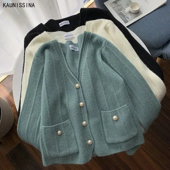 

Spring Autumn Cashmere Sweater Long Sleeve Cardigans V-neck Single-Breasted Sweater Chic Button Korean Style Knitted Cardigan