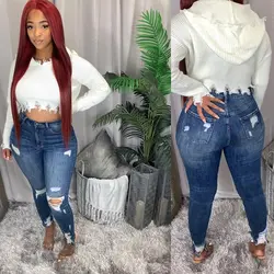 Mais tamanho azul claro rasgado jeans para mulher estilo rua sexy mid rise angustiado calças estiramento buraco magro denim lápis calças