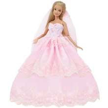 Платье для девочек ручной работы, танцевальные вечерние Одежда для невест, розовое платье+ кружевная одёжная вуаль, аксессуары для куклы Барби, детские игрушки