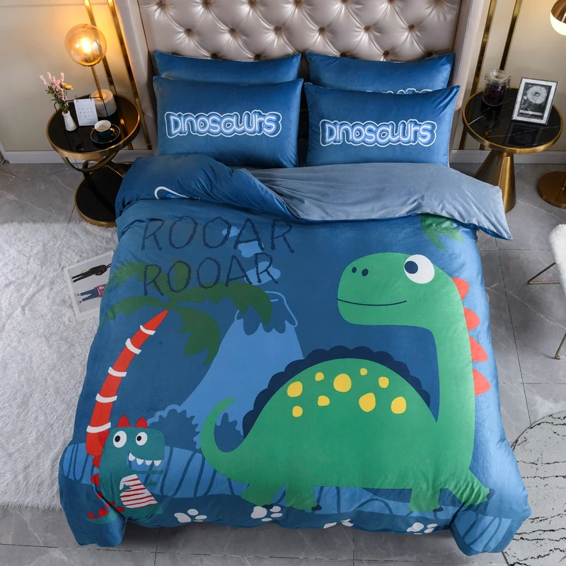 Velvet Warm fabric Blue Cartoon Dinosaur Beddding Set Unicorn Zipper Duvet cover Bed sheet pillowcase Twin Queen King size 4Pcs