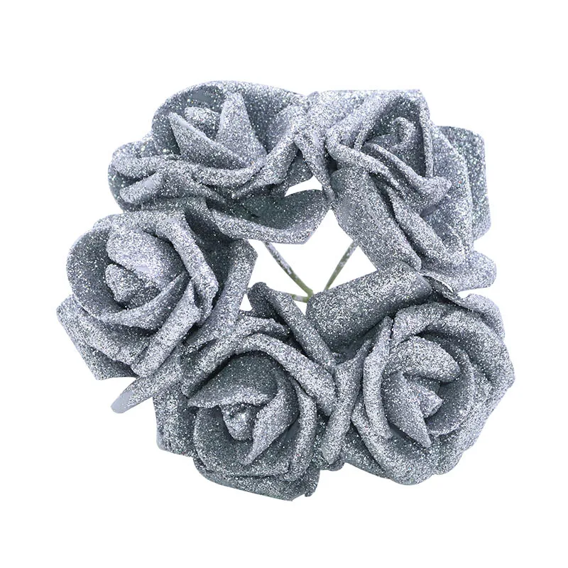 silver flower 5-20 шт 6 см Блестящий искусственный цветок Пена розы цветы Свадебные букеты DIY венок Ремесло Свадьба вечеринка украшение дома - Цвет: silver flower