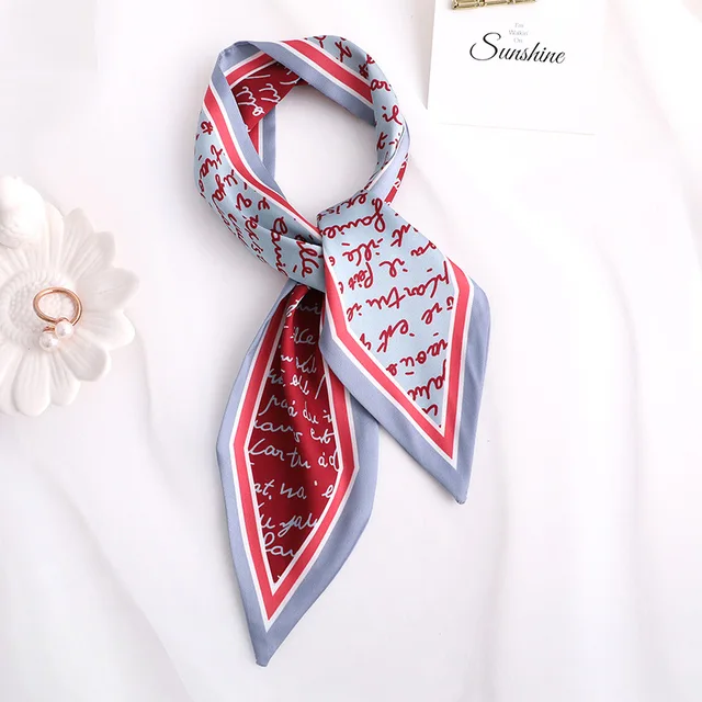 Sweet Love Print Women Small Silk Scarf Handle Bag Ribbons Female Head Scarves Sharp angle Green 90*10cm 46