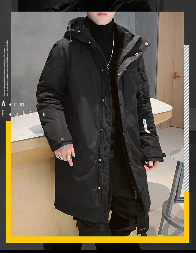 Мужское зимнее теплое пуховое пальто, стиль, мужское пуховое пальто с капюшоном, длинное Модное теплое пальто