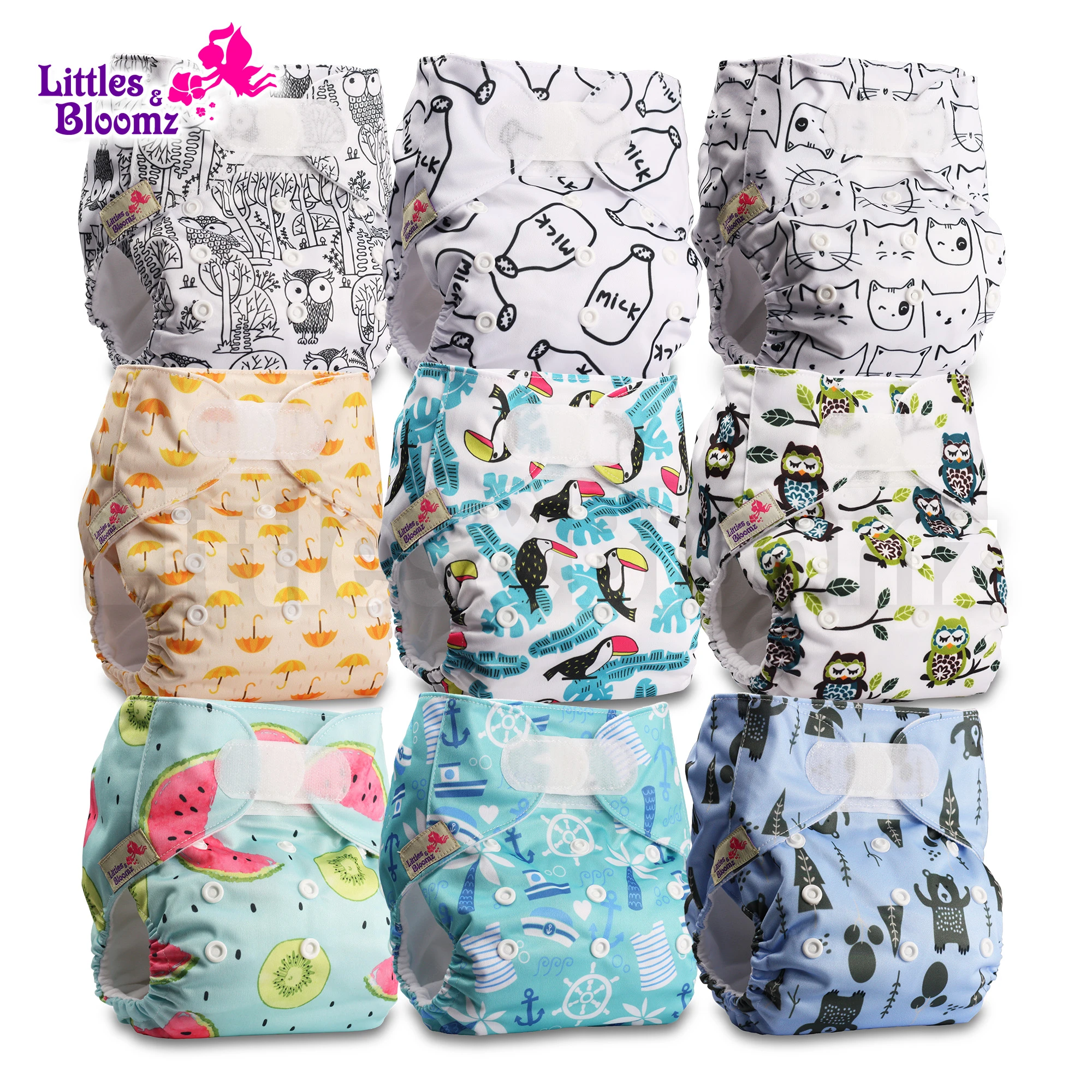 [littles&bloomz]9pcs/set Standard Hookloop Reusable Washable Real Cloth Nappy Diaper,9 Nappies