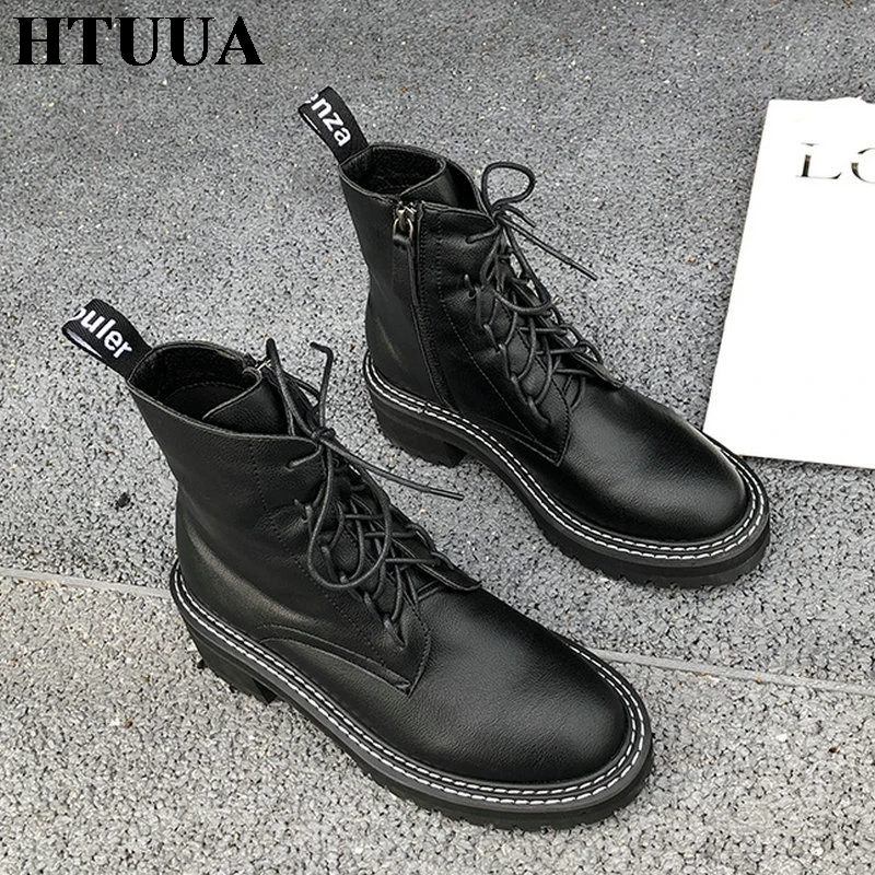 HTUUA/осенне-зимние ботильоны женская обувь женские ботинки Martens черные челси на не