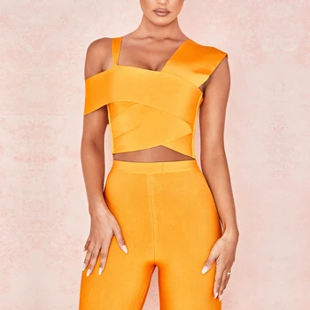 

DressBird 2020 New Summer Orange Two Pieces Sets Sexy Spaghetti Strap Short Sleeve Top& Long Pants Women Fashion Club Party Sets