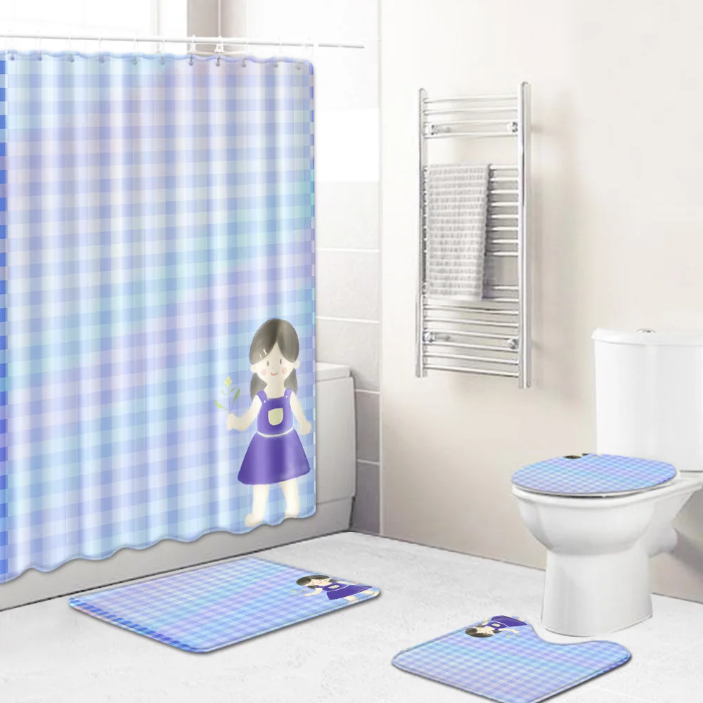 Zeegle 4Pcs Bath Mat Set Cartoon Doormat Bathroom Floor Rug Waterproof Toilet Shower Curtain Shower Room Rug Toilet Seat Cover