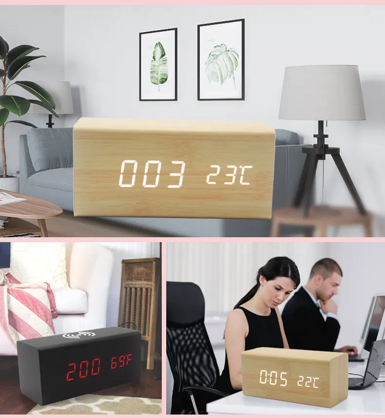 Creative Wireless Rechargeable Alarm Clock Multi-functional Smart Electronic Clock Fashion Mute LED Wood Clock