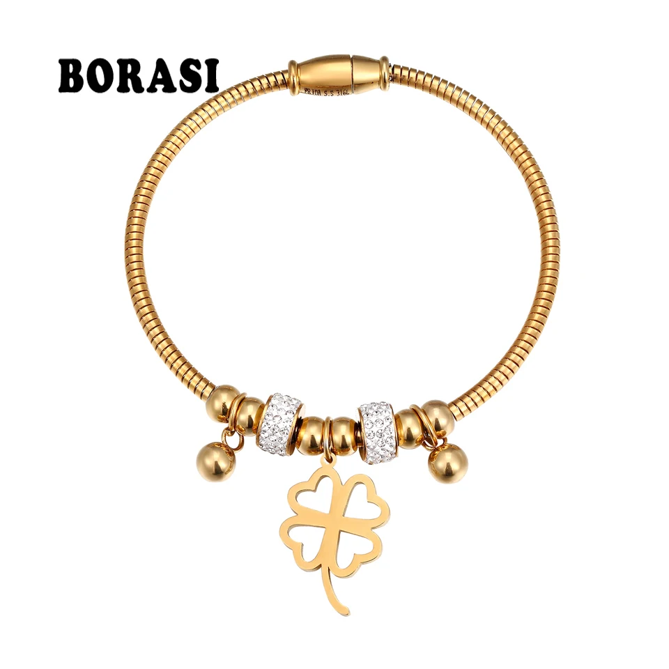 Новинка, роскошные ювелирные изделия из нержавеющей стали, CZ Кристалл, клевер, очаровательные браслеты для женщин, блестящие стальные браслеты из бисера и браслеты, браслеты