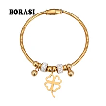 Новинка, роскошные ювелирные изделия из нержавеющей стали, CZ Кристалл, клевер, очаровательные браслеты для женщин, блестящие стальные браслеты из бисера и браслеты, браслеты